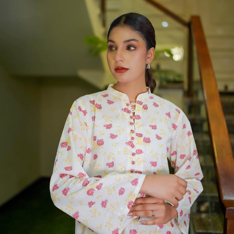 Floral Zari Lawn Shirt with Band Collar and Tassel Detailing