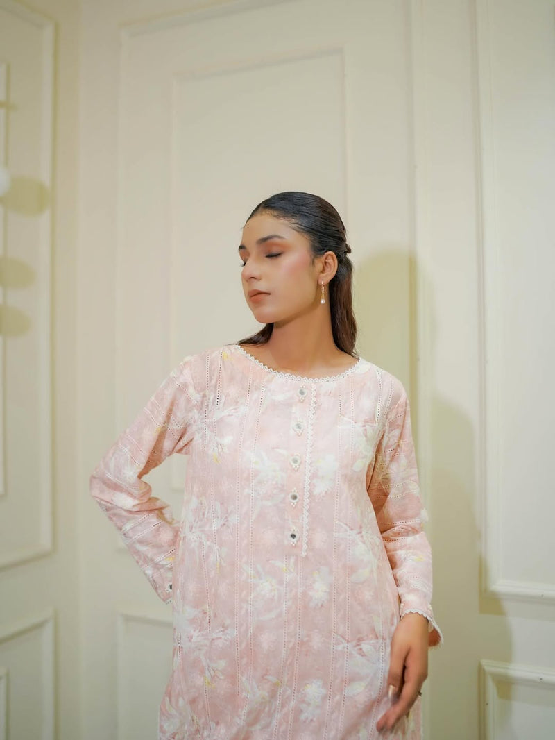Pink Peach Floral Lawn Kurta with Lace & Button Detailing
