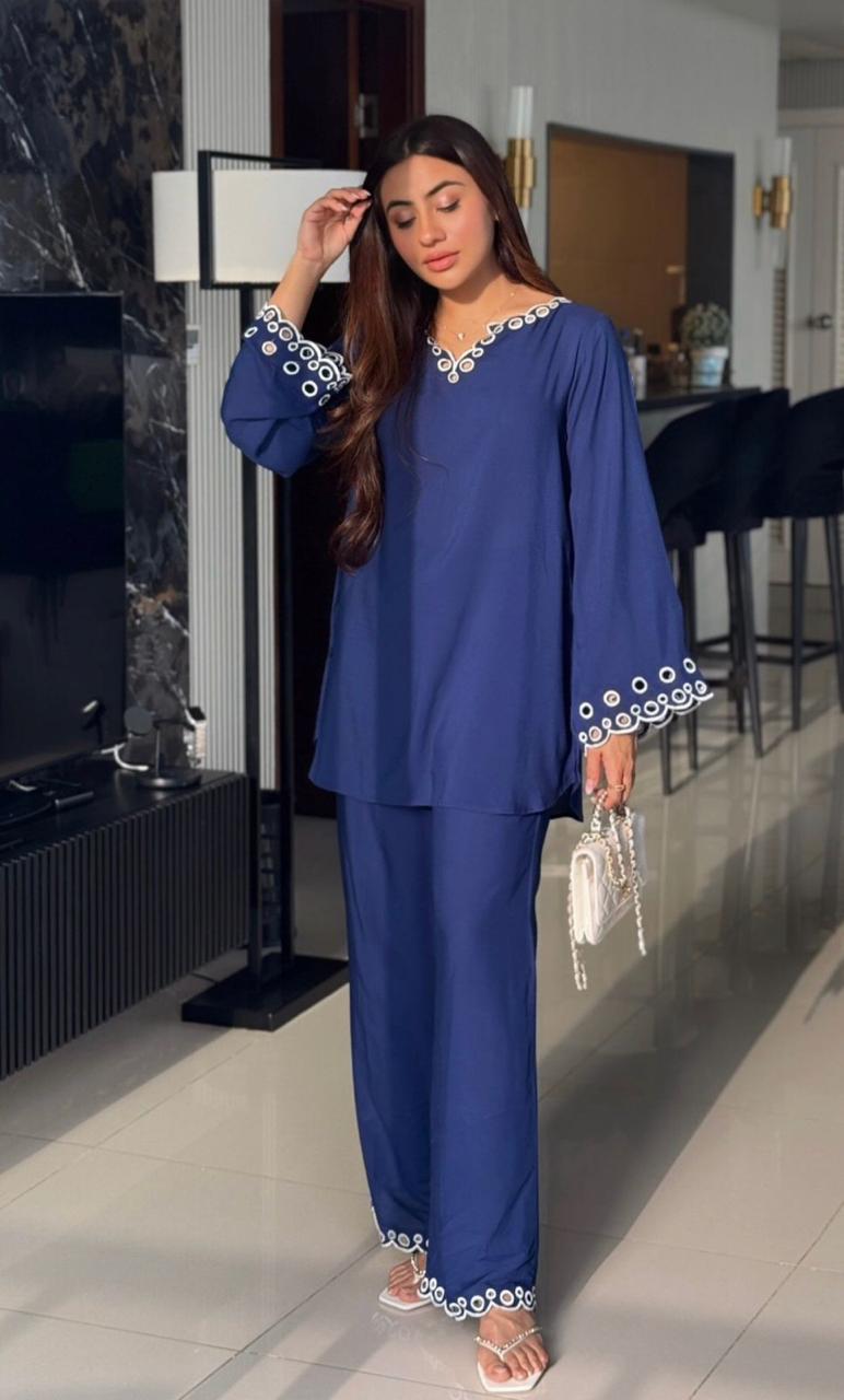 Midnight Blue Embroidered Two Piece Co Ord Set